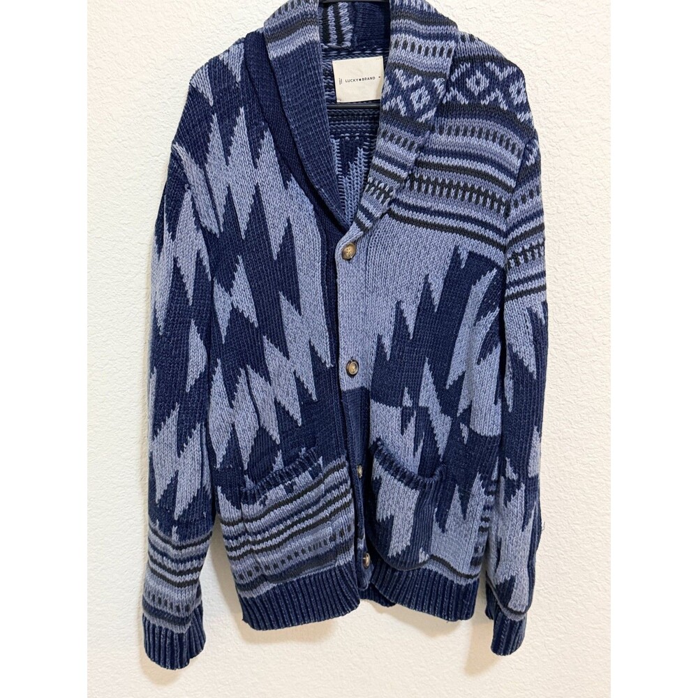 Lucky Brand Southwestern Cardigan Blue Heavy Knit Pockets Buttons M
